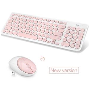 picture (Fashion Wireless Keyboard and Mouse Combo, FD iK6630 2.4GHz Cordless Cute Round Key Smart Power-Saving Ultra Slim Combo for Laptop, Computer and Mac (Salmon Pink & White