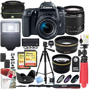 picture Canon EOS 77D 24.2 MP DSLR Camera with EF-S 18-55mm f/4-5.6 is STM Lens and Two (2) 64GB SDXC Memory Cards Plus Triple Battery Tripod Cleaning Kit Accessory Bundle
