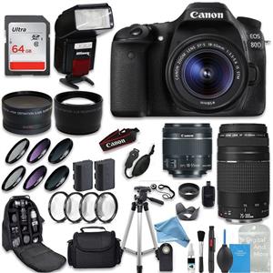 picture Canon EOS 80D DSLR Camera + Canon EF-S 18-55mm + Canon EF 75-300mm Lens + 0.43 Wide Angle & 2.2 Telephoto Lens + Macro Filter Kit + 64GB Memory Card + DigitalAndMore PRO Accessory Bundle