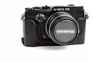 picture BolinUS Handmade Genuine Real Leather Half Camera Case Bag Cover for Olympus PEN-F Bottom Opening Version + Hand Strap - Black