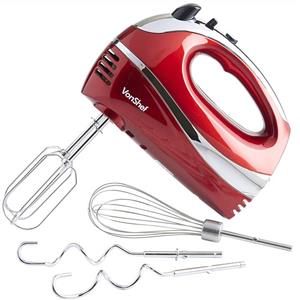 picture VonShef Electric Hand Mixer Whisk With Stainless Steel Attachments, 5-Speed and Turbo Button, Includes; Beaters, Dough Hooks and Balloon Whisk - Red