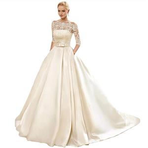 picture Yuxin Women's Lace Wedding Dress 3/4 Sleeves Sweep Train Satin Bridal Gown