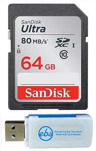 picture SanDisk 64GB SDXC SD Ultra Memory Card Bundle 80MB/s Class 10 Works with Canon EOS Rebel SL3, SL2, SL1 Digital Camera (SDSDUNC-064G-GN6IN) Plus 1 Everything But Stromboli (TM) Multi-Slot Card Reader