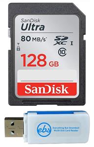 picture SanDisk 128GB SDXC SD Ultra Memory Card Bundle 80MB/s Class 10 Works with Canon EOS Rebel SL3, SL2, SL1 Digital Camera (SDSDUNC-128G-GN6IN) Plus 1 Everything But Stromboli (TM) Multi-Slot Card Reader