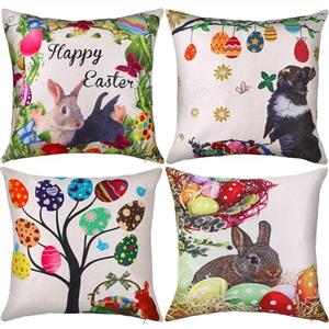 picture Zhanmai 4 Pieces Easter Pillow Cover Throw Cushion Cover Rabbit Eggs Pattern Pillow Case for Easter Day Party Supplies (Color Set 1)
