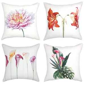 picture YOUR SMILE Floral Farmhouse White Cotton Linen Decorative Throw Pillow Case Cushion Cover Pillowcase for Sofa 18 x 18 Inch, Set of 4, Flower