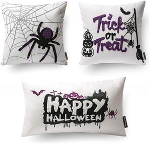 picture Phantoscope Set of 3 Happy Halloween 100% Cotton Embroidery White Pillow Cover Throw Pillow Case Cushion Cover 18
