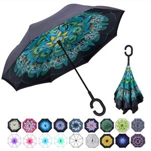 picture WASING Double Layer Inverted Umbrella Cars Reverse Umbrella, Windproof UV Protection Big Straight Umbrella for Car Rain Outdoor with C-Shaped Handle