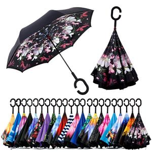 picture Spar. Saa Double Layer Inverted Umbrella with C-Shaped Handle, Anti-UV Waterproof Windproof Straight Umbrella for Car Rain Outdoor Use
