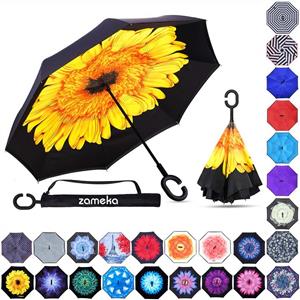 picture Zameka Double Layer Inverted Umbrellas Reverse Folding Umbrella Windproof UV Protection Big Straight Umbrella Inside Out Upside Down for Car Rain Outdoor with C-Shaped Handle