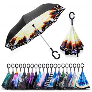 picture ZOMAKE Double Layer Inverted Umbrella Cars Reverse Umbrella, UV Protection Windproof Large Straight Umbrella for Car Rain Outdoor with C-Shaped Handle