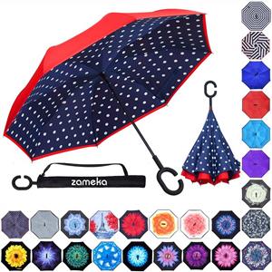 picture Z ZAMEKA Double Layer Inverted Umbrellas Reverse Folding Umbrella Windproof UV Protection Big Straight Umbrella Inside Out Upside Down for Car Rain Outdoor with C-Shaped Handle